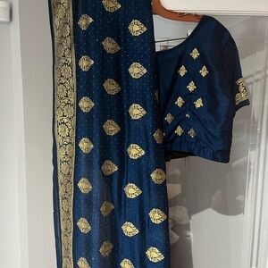 Navy Blue Saree with Gold Brocade Motifs